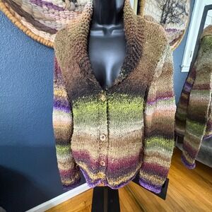 Handmade Knit Cardigan Women L‎ Green Brown Good Ombre Shawl Collar Wool Sweater